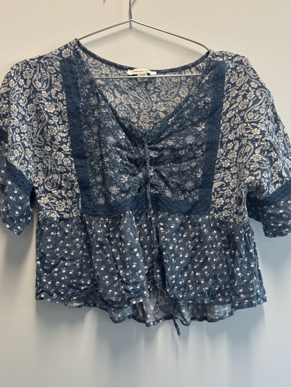 American Eagle Outfitters Navy Paisley & Floral Lace Peasant Top